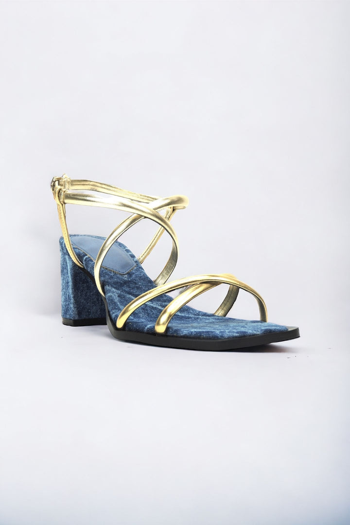 Damen Sandale Denim Blau mit goldenen Riemchen