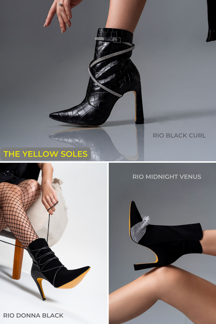DONNA BLACK Stiefel in Schwarz mit Schnürsenkeln und gelber Laufsohle