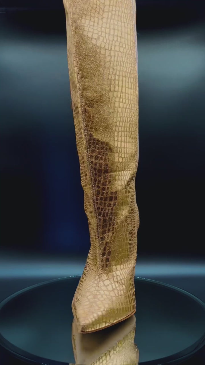 GOLDEN MAMBA Kniehohe Stiefel in glänzendem Gold mit Krokodilmuster Stiletto Absatz