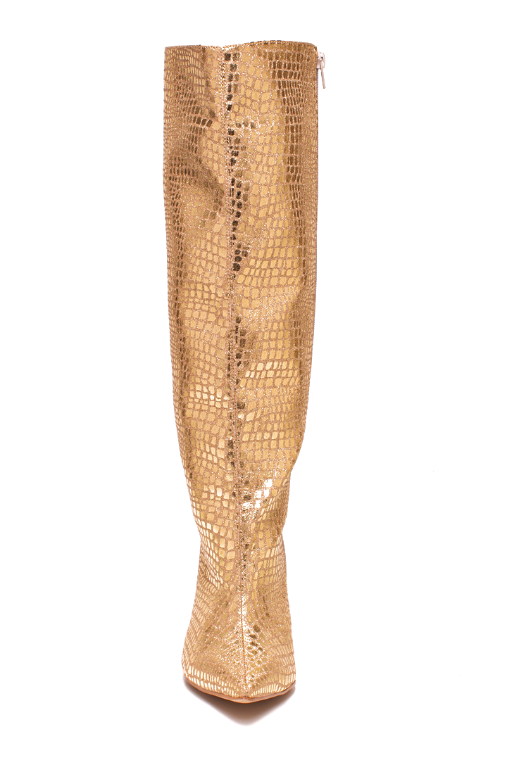 GOLDEN MAMBA Kniehohe Stiefel in glänzendem Gold mit Krokodilmuster Stiletto Absatz