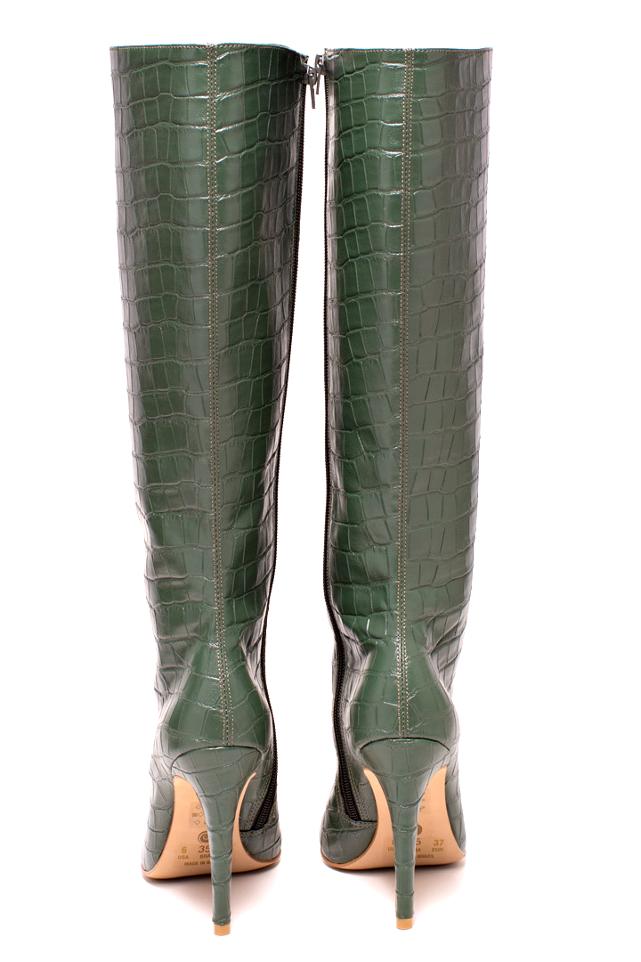 GREEN MAMBA Kniehohe Stiefel in grünem Krokodilmuster Stiletto Absatz