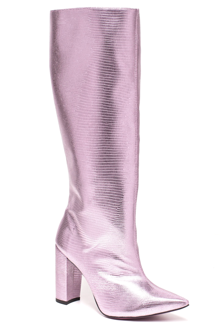 HAPPY LILLY Kniehohe Stiefel in metallischem Lila mit pinker Laufsohle