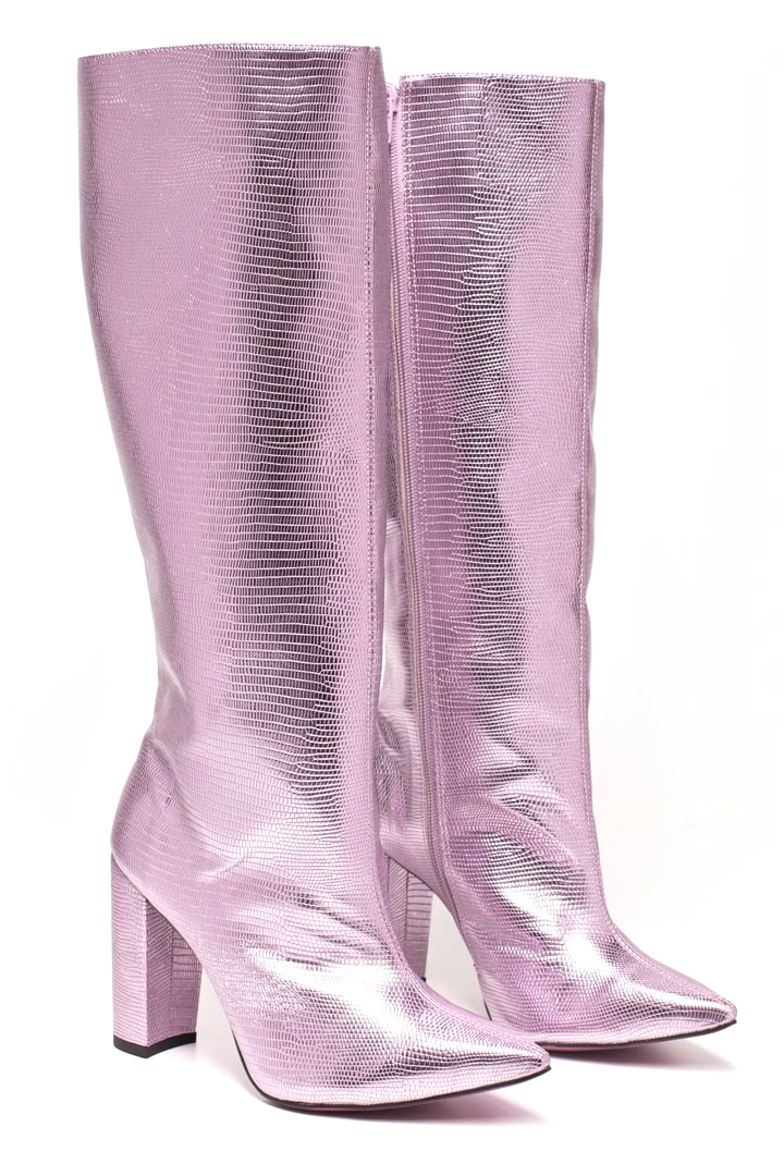 HAPPY LILLY Kniehohe Stiefel in metallischem Lila mit pinker Laufsohle
