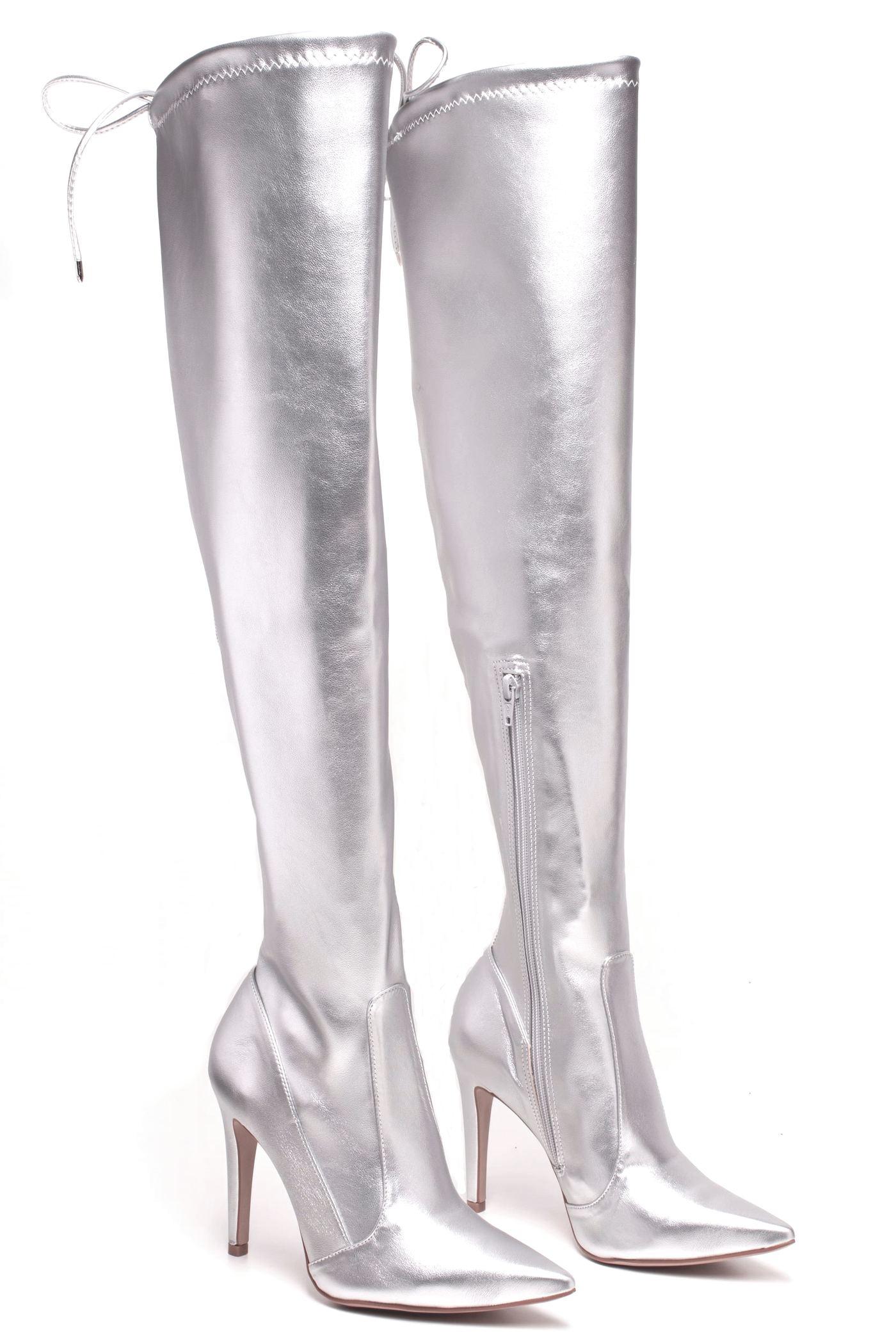 Silberne STARLIGHT Overknees Legging-Stiefel mit Schnürung zur Weitenregulierung am Oberschenkel